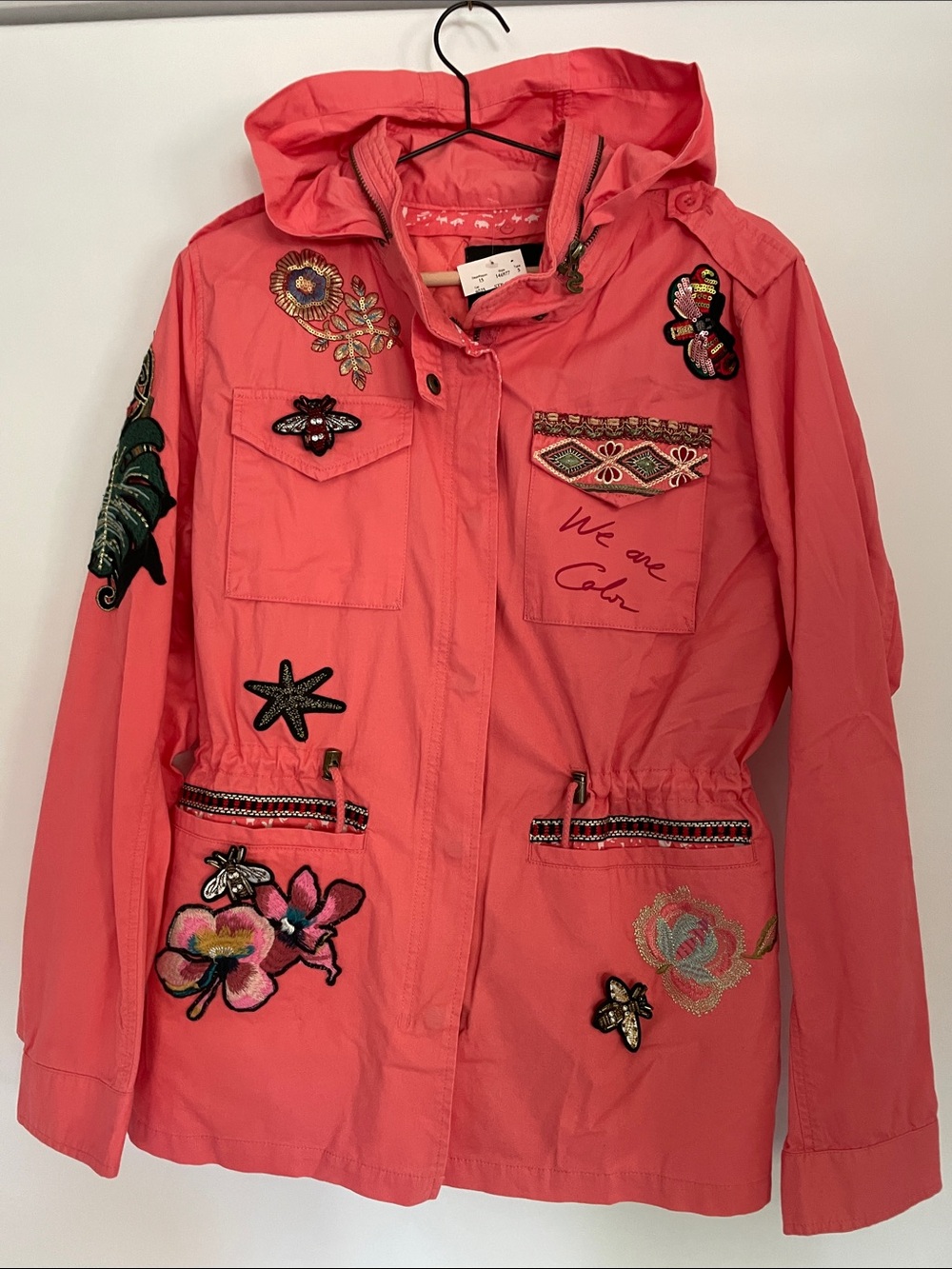 Desigual Coral Pink Embroidered Hooded Trench Jacket EU 44 NWT